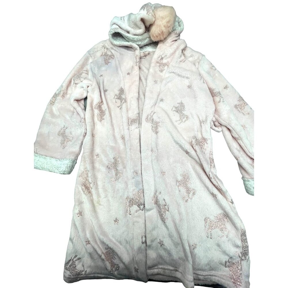 Kensie girl bathrobe unicorn pink hooded polyester kids size medium 10/12 READ